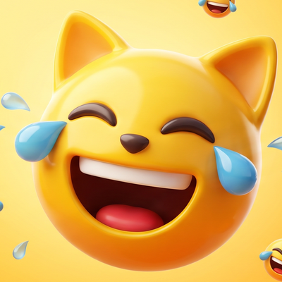 A glossy yellow laughing cat with tears of joy